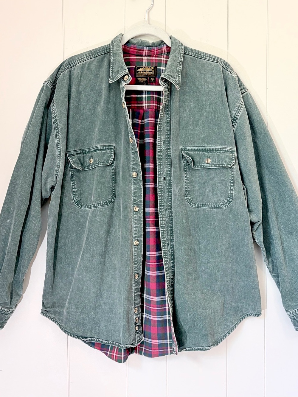 Eddie Bauer 90s Faded Forest Green Button Front Shirt Jacket Red Flannel 90s L